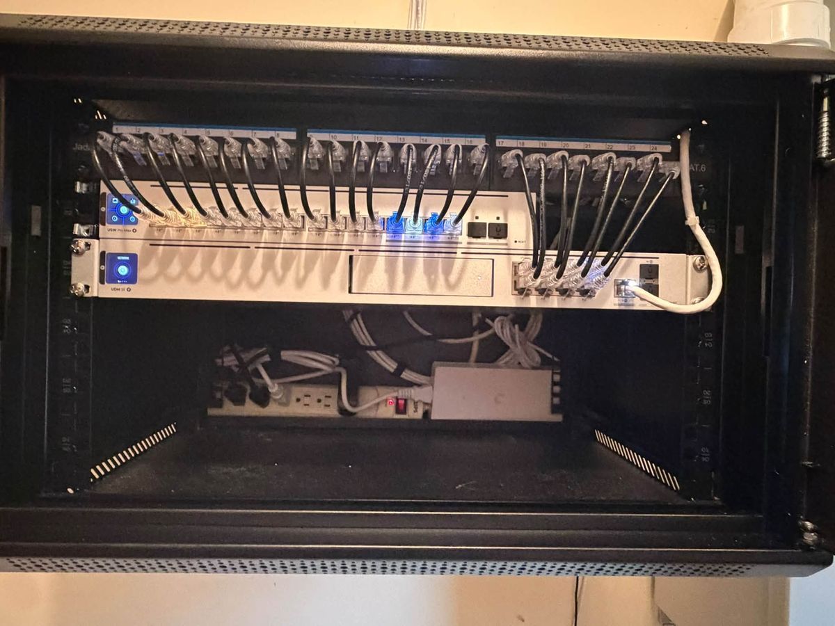 UniFi rack, cabled and live